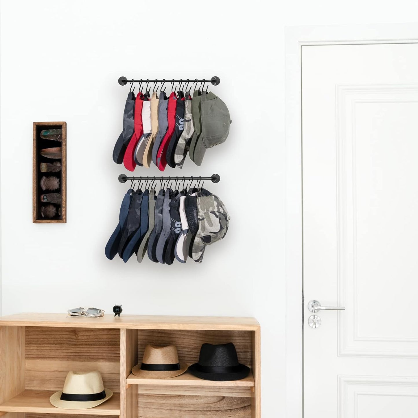 Mkono Hat Rack - Wall-Mounted Baseball Cap Organizer with 20 Hooks | Modern Metal Design, Set of 2 Black
