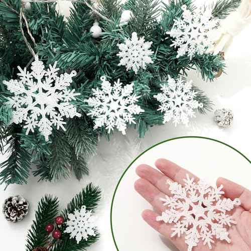 Whaline 36Pcs Christmas Snowflake Ornaments White Glitter Snowflake Hanging Decor Plastic Glitter Crafts for Winter Holiday New Year Xmas Tree Party Home Decor