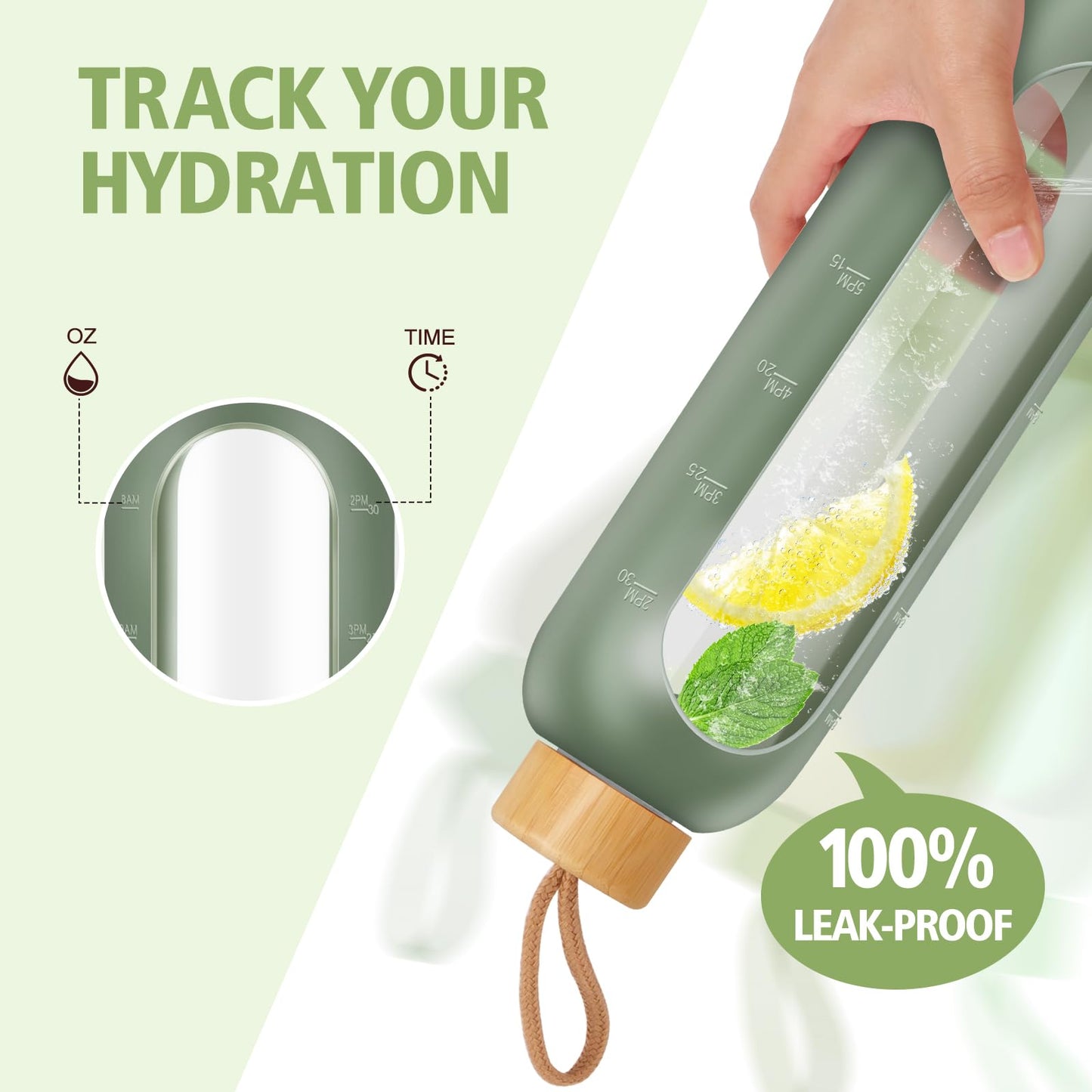 OxyFlask Glass Water Bottles 32 oz - Motivational Drinking Glass Water Bottle with Silicone Sleeve, Straw & 2 Bamboo Lids - 1 Liter Clear Borosilicate Daily Intake Tumbler with Time Marker - Olive