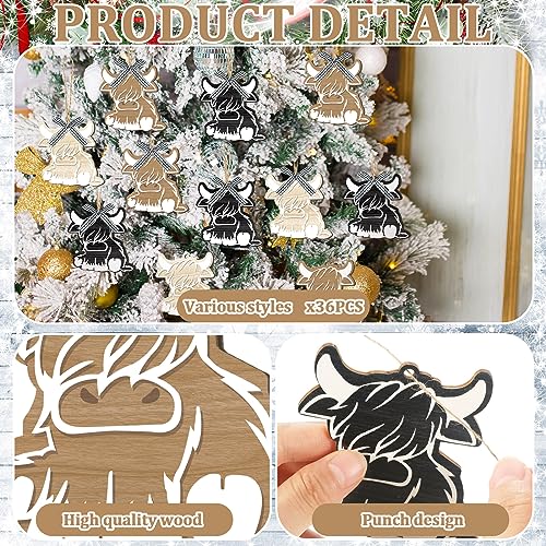 Poen 36 Pcs Highland Cow Christmas Wooden Ornaments - Black White Cow Style, Holiday Tree Decorations