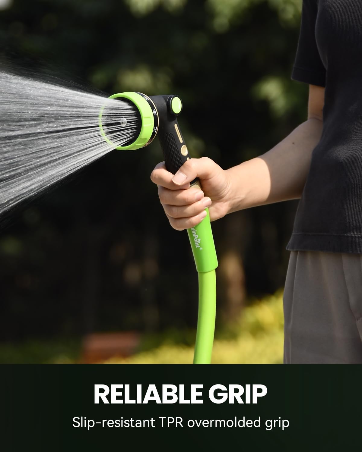 RAINPOINT Garden Hose Nozzle - Heavy Duty Metal Spray Nozzle with 10 Patterns for High Pressure Watering | Green