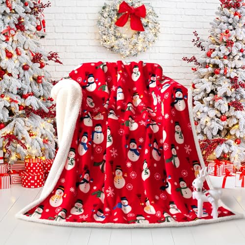Touchat Sherpa Fleece Throw Blanket 50" x 60" Red Snowman - Cozy Christmas Plug-in