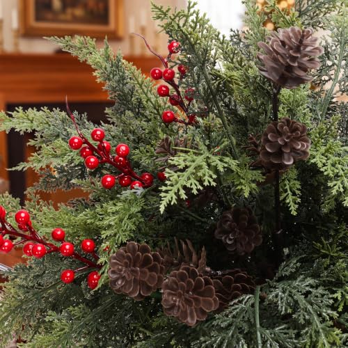 12 Artificial Cedar Stems with Pine Cones & Red Berries - 17.5" Holiday Decor (Variation: 12Cedar Stems+2Big Pinecones+3Red Berry)
