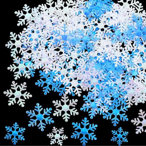 1600 Pieces 3 Size Snowflake Confetti Christmas Snowflake Glitter Confetti Table Decor for Winter Xmas Party Wonderland Party Supplies DIY Craft(White, Blue)