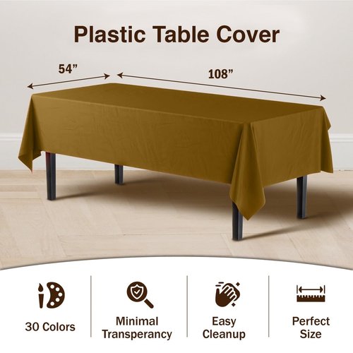 Exquisite 12-Pack Premium Plastic Tablecloth Pack of 12 Premium Plastic Tablecloth 54 Inch x 108 Inch Rectangle Table Cover - Gold