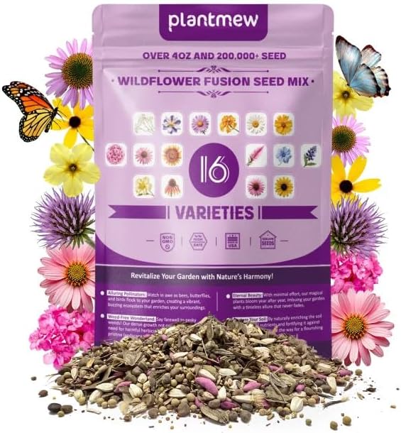 Wildflower Seeds - 200,000+ Non-GMO Heirloom Seeds Mix | 16 Perennial Varieties for Pollinator Gardens | High Germination Rate, 4oz