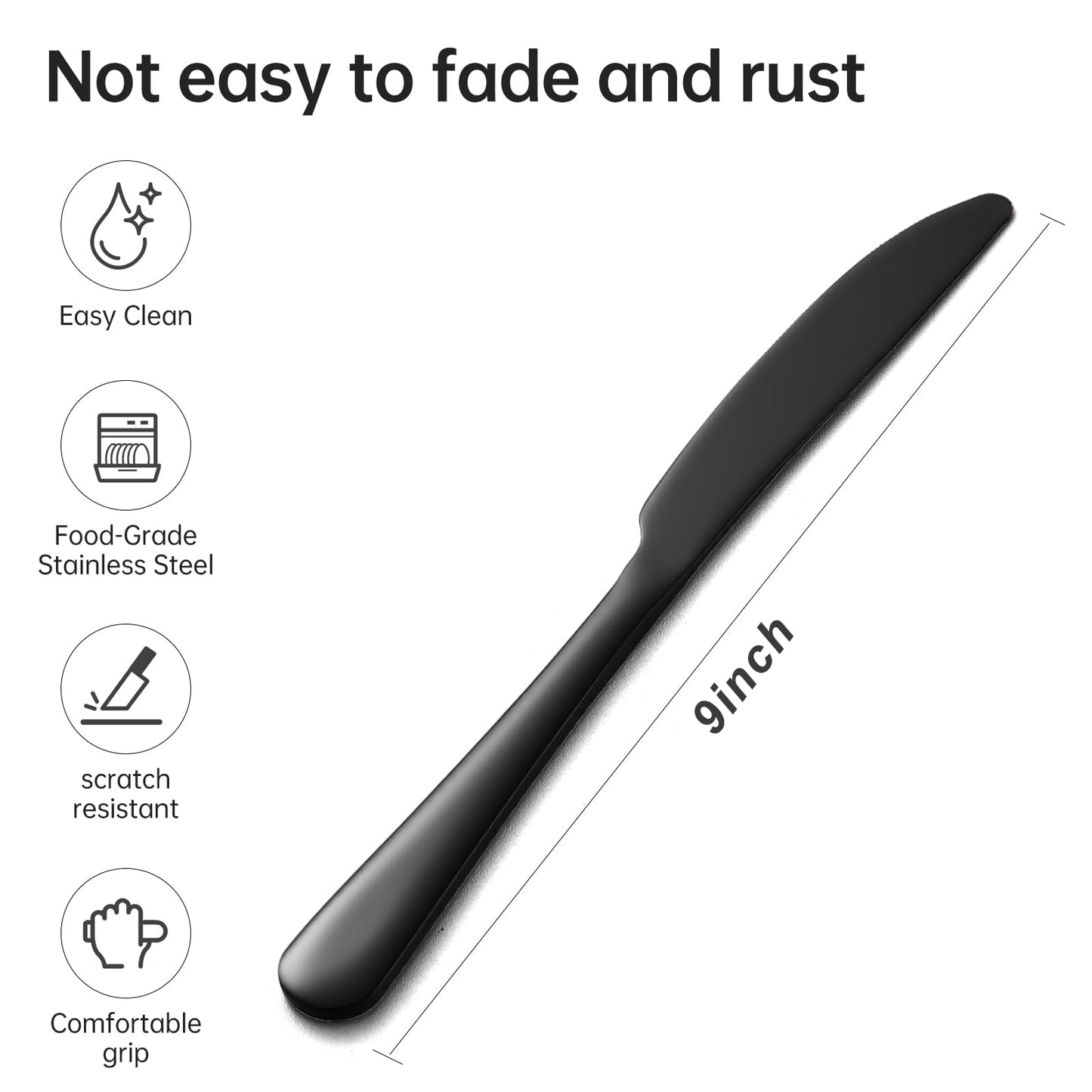 MNLWSP Butter knives 16pcs Food-Grade Stainless Steel black knife 9inch dinner knives seamless black silverware easy to clean Dishwasher Safe