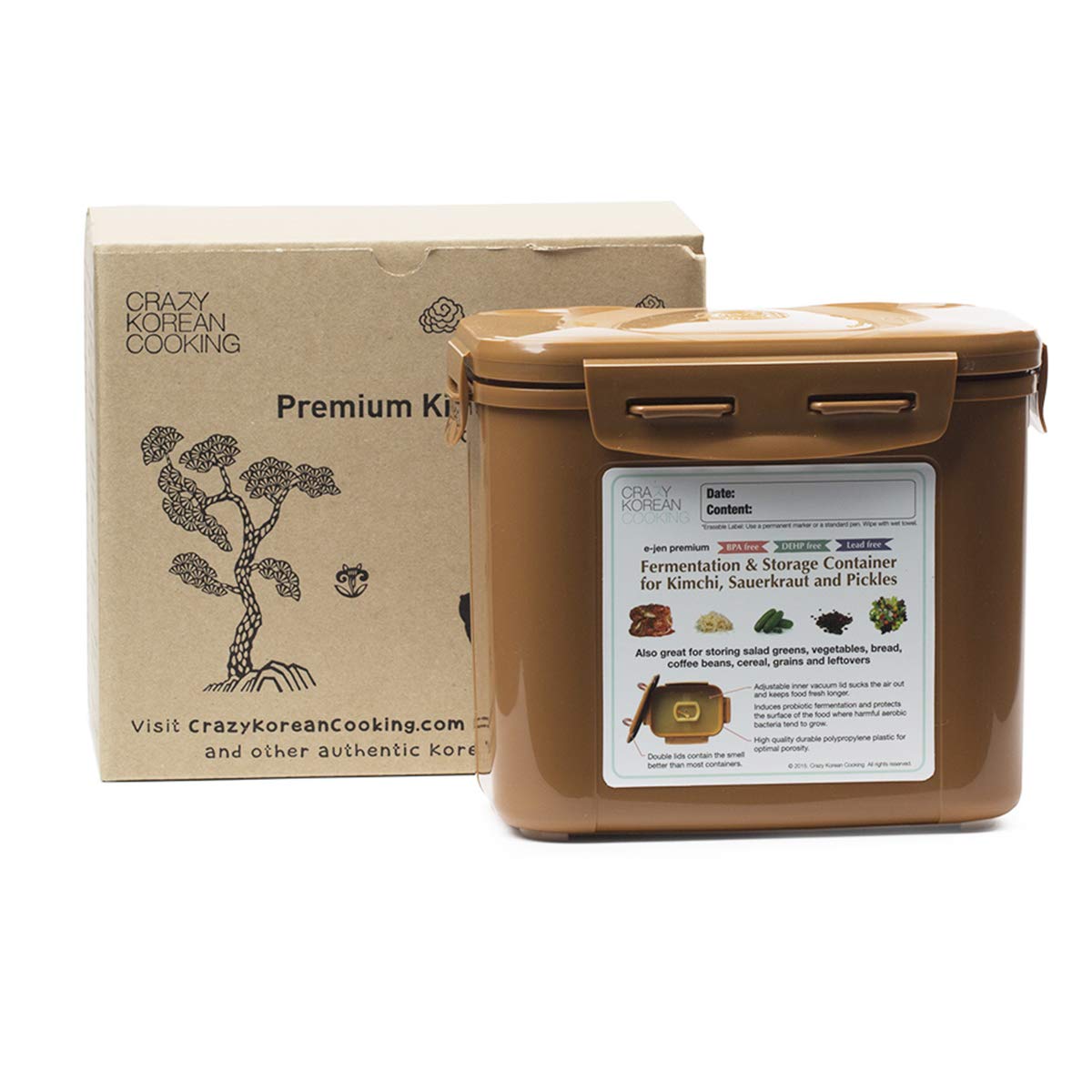 Crazy Korean Cooking Premium Kimchi, Sauerkraut Fermentation and Storage Container with Inner Vacuum Lid (0.9 Gal Sandy Brown (3.4L))