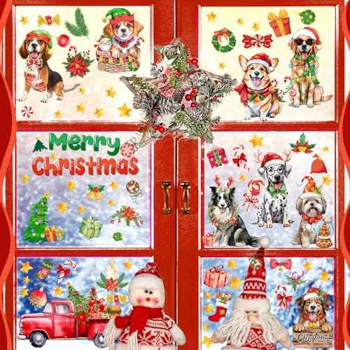 Geyoga 6 Sheets 98 Pcs Christmas Window Clings Stickers Pet Dog Window Clings Reusable Christmas Puppy Window Sticker Decor Decal Sticker for Home Party Shop Showcase Supplies(Christmas Dog)