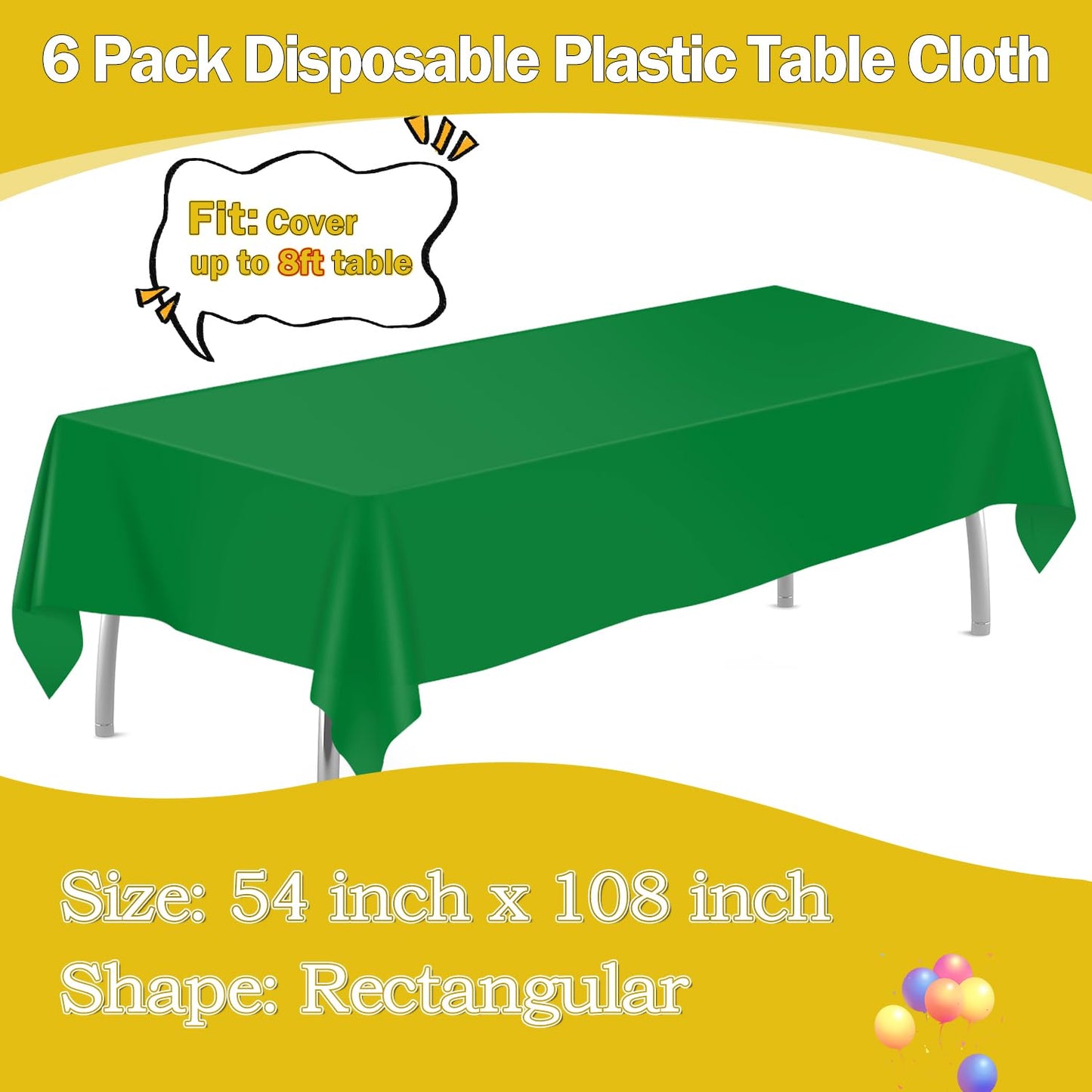 tujol Green 6 Pack Plastic Table Cloth 54" x 108", Disposable Tablecloths Rectangle Table Cover, Plastic Tablecloth for Parties