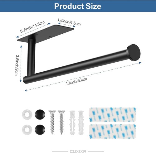 CUXIXA Under Cabinet Paper Towel Holder - Wall Mount 2-Pack with Self-Adhesive & Screws | Stainless Steel, Black