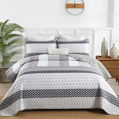 Grey Queen Size Boho Striped Quilt Set - Reversible Bedspread with Pillowcases