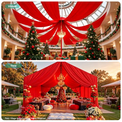 Party Village Red Ceiling Drapes 2 Panels 5ft x 20ft - Bright Red Festive Decor