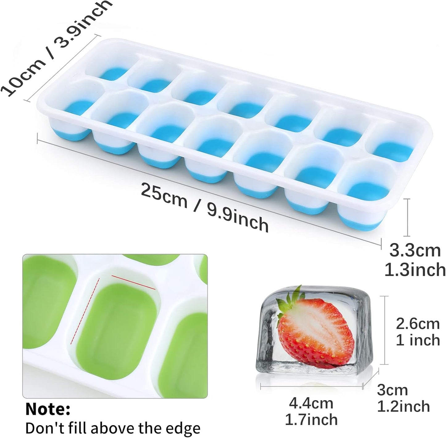 Silicone Ice Cube Tray - 8 Pack Easy-Release Flexible Trays with Spill-Resistant Lid | Stackable Freezer Ice Trays (4 Blue + 4 Green)