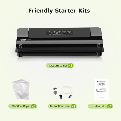Bonsenkitchen Vacuum Sealer - Multi-Functional Food Preservation System with 5 Bags & Compact Design - Black