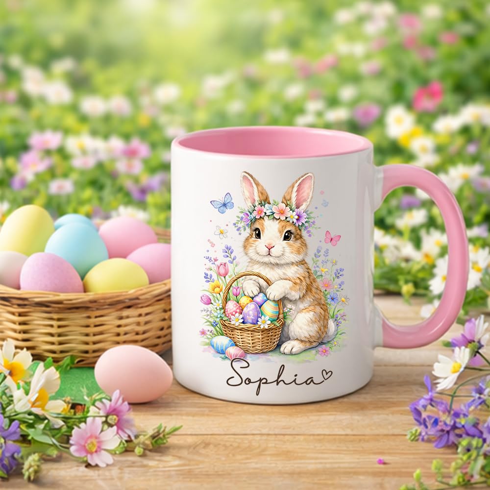Personalized Easter Bunny Coffee Mug, Cute Bunny with Colorful Eggs Basket Ceramic Cup, Custom Spring Gift for Boys Girls, Adorable Rabbit Mug for Family Children Gift Idea 11oz 15oz/Idea4