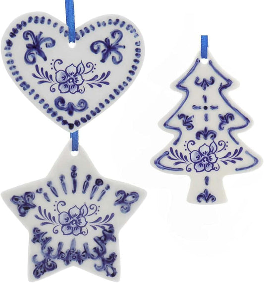 Porcelain Delft Blue Heart Tree Star Ornaments - 3 Pack Assorted by Kurt Adler
