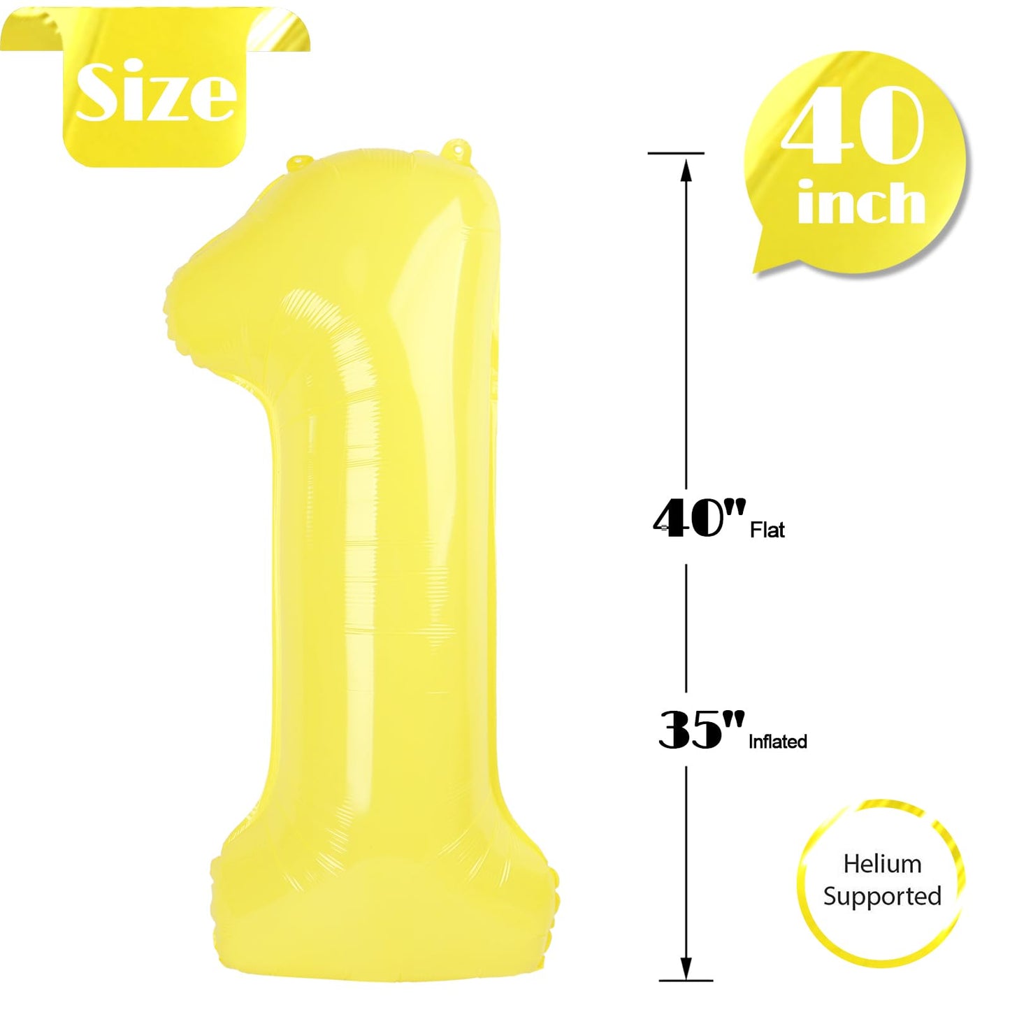 40 Inch Yellow 1 Balloon for First Birthday, 1st Number Balloons Birthday Decorations for Girl Kids Toddler Baby, One Giant Number 1 Balloon
