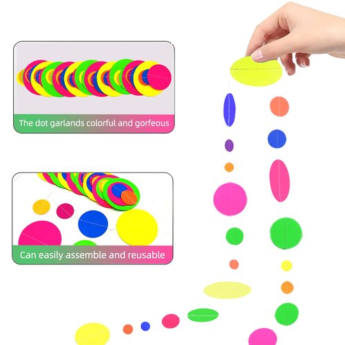 120feet UV Round Dot Paper Neon Garland Neon Streamers Decorations UV Reactive Black Light Party Favors Glow in The Dark Party Supplies for Wedding Birthday Garlands
