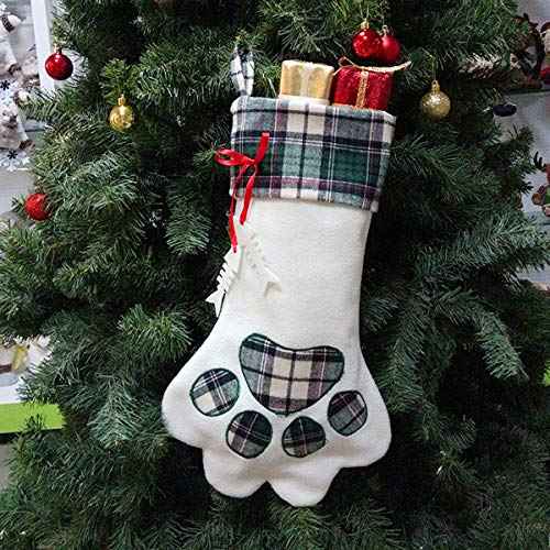SherryDC Cat Paw Christmas Stockings, Plush & Plaid Hanging Socks for Holiday and Christmas Decorations, Green
