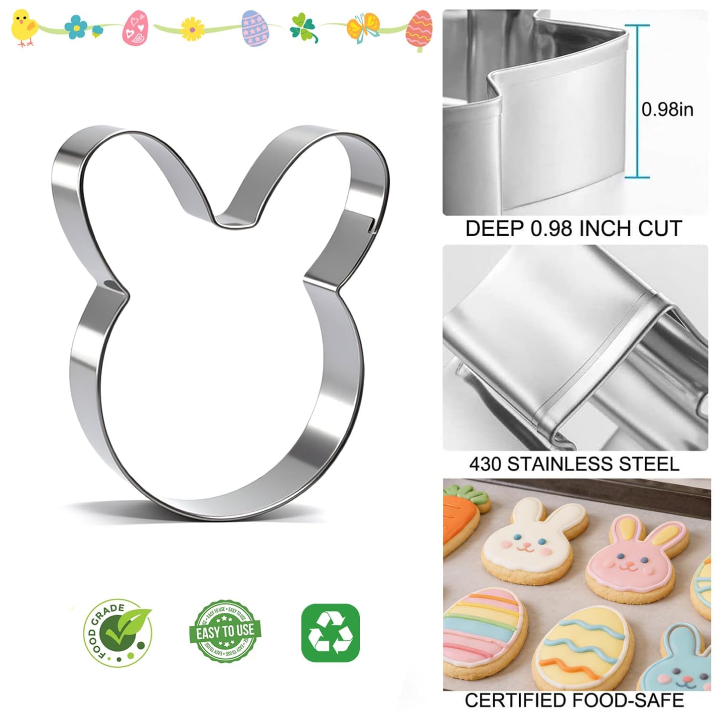 6Pcs Large Easter Cookie Cutters for Kids, 4'' Bunny Head, Egg, Chicken, Rabbit, Carrot, Butterfly Shapes, Metal Biscuit Molds for Easter Spring Holiday Themed Baking Supply