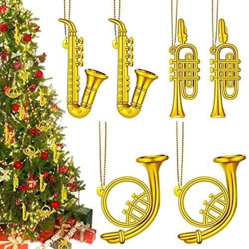 6 Pieces Musical Instruments Ornaments Christmas Decoration Gold Saxophone Horn Trumpet with Gold Ropes Brass for Christmas Tree Decor