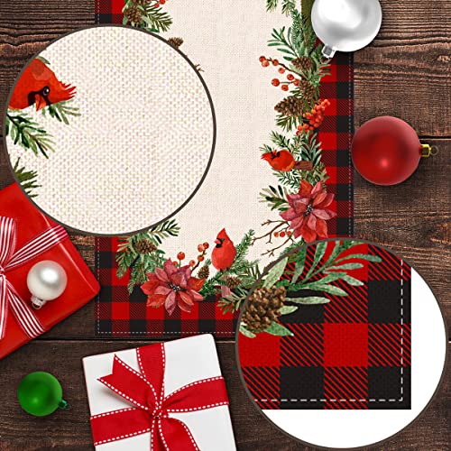Christmas Cardinal Table Runner Buffalo Plaid Check Poinsettia Holly Xmas Winter Holiday Kitchen Dining Home Decorations (13" x 72")