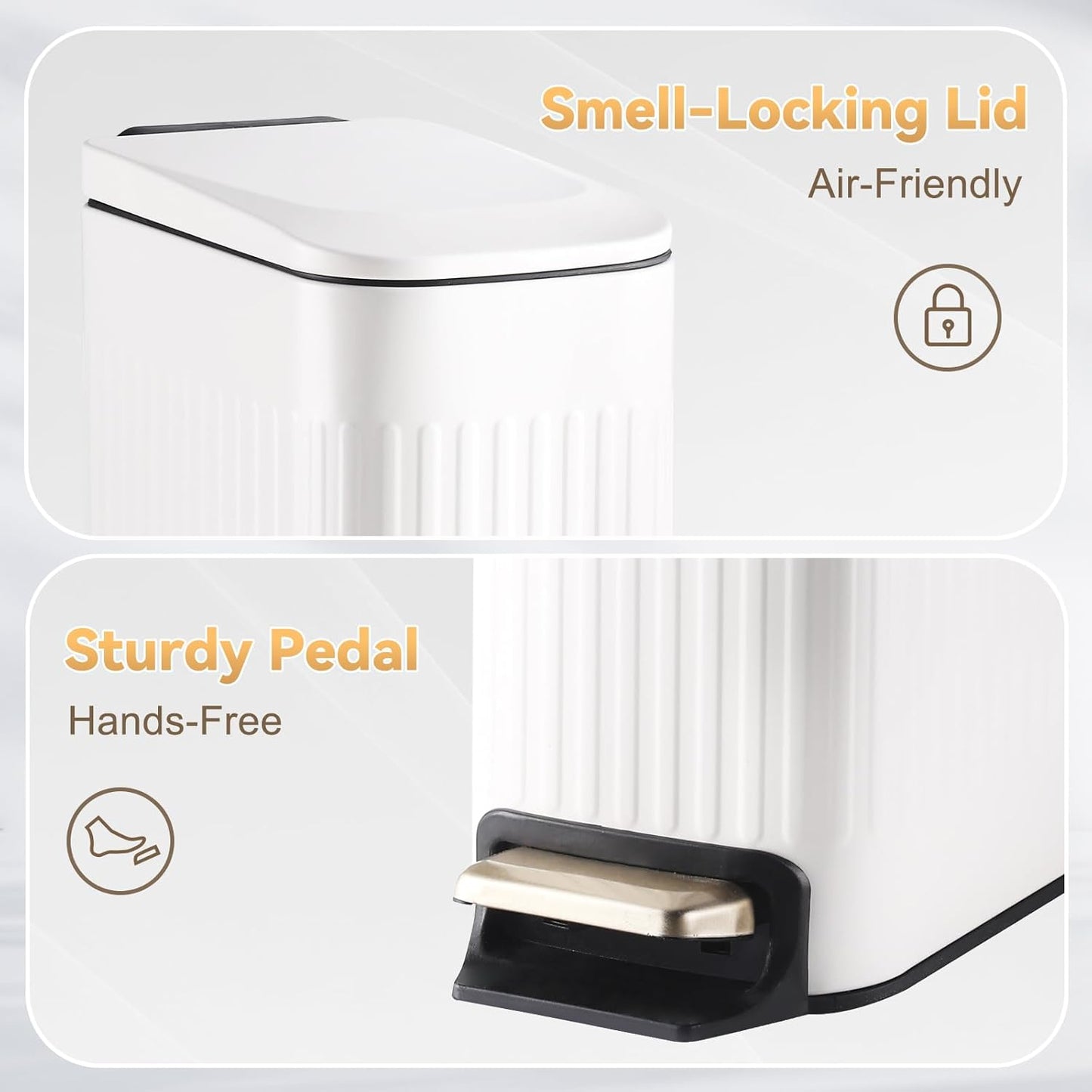 SYNCVIBE Slim Bathroom Trash Can - Soft Close Stainless Steel Step Bin with Removable Inner Bucket | Matt White, 1.8 Gallons
