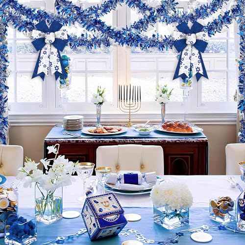 2 PCS Hanukkah Wreath Bows Chanukah Star of David Royal Blue White Ribbon Bows for Wreath, Medium Tree Topper Bows for Jewish New Year Party Home Indoor Outdoor Decoration Wreath Ornament Supplies