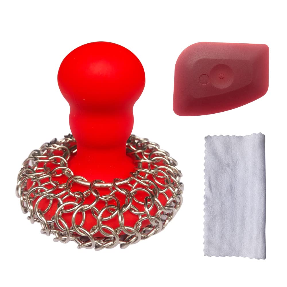 316 Upgraded Chainmail Scrubber with Silicone Handle Cast Iron Cleaner for Cast Iron Grill Pan Skillet Wok Bakeware Ergonomic to Hold Easy to Use Dishwasher Safe, Scrubber + Scraper + Towel (Red)
