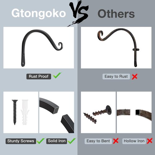 Gtongoko 8-Inch Metal Plant Hangers - Durable Outdoor & Indoor Hooks for Bird Feeders, Lanterns, Black