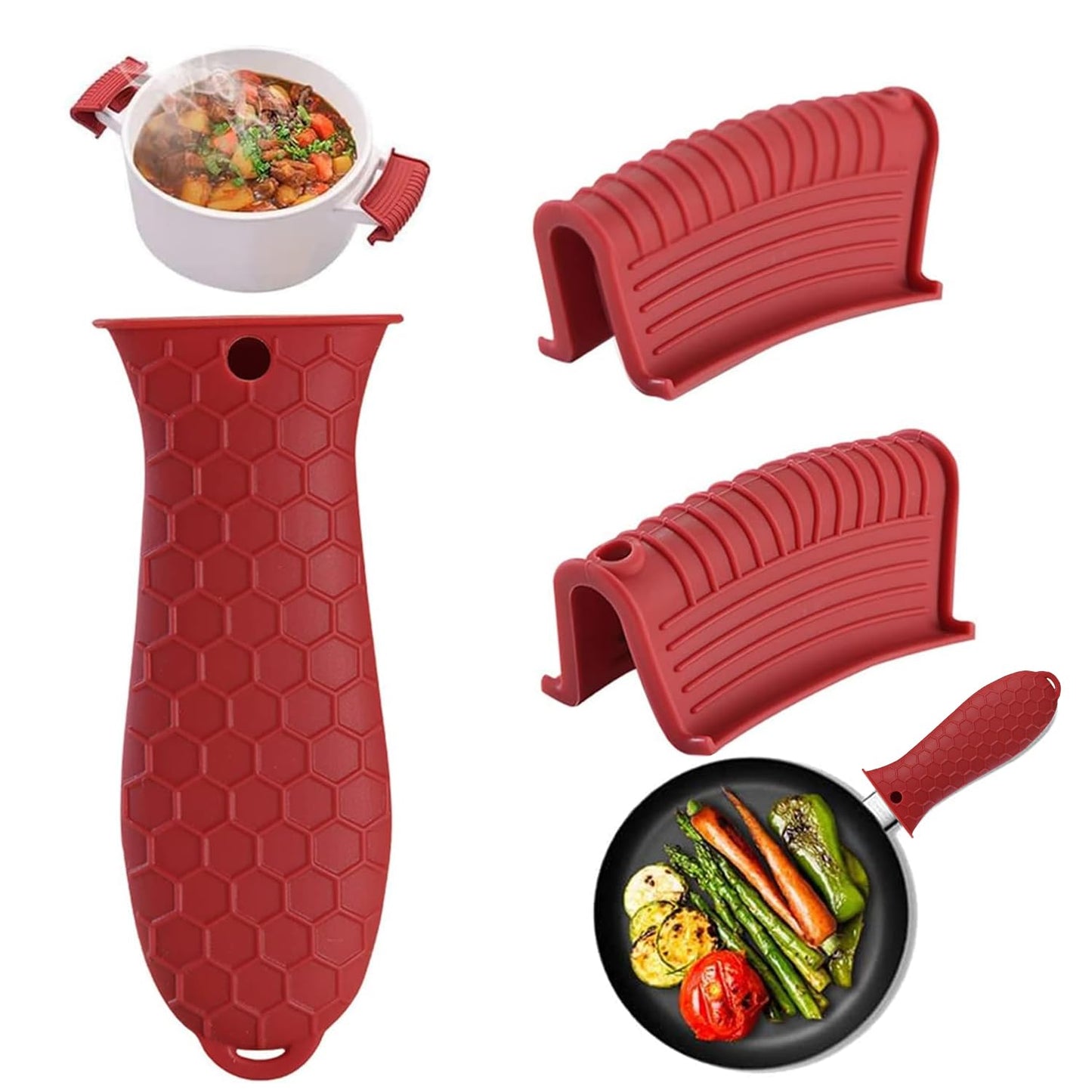 3 Pack Silicone Cast Iron Skillet Handle Cover - Heat Resistant Pot Handle Sleeve Grip for Frying Pans, Griddles, Dutch Ovens & Baking Sheets (Red)