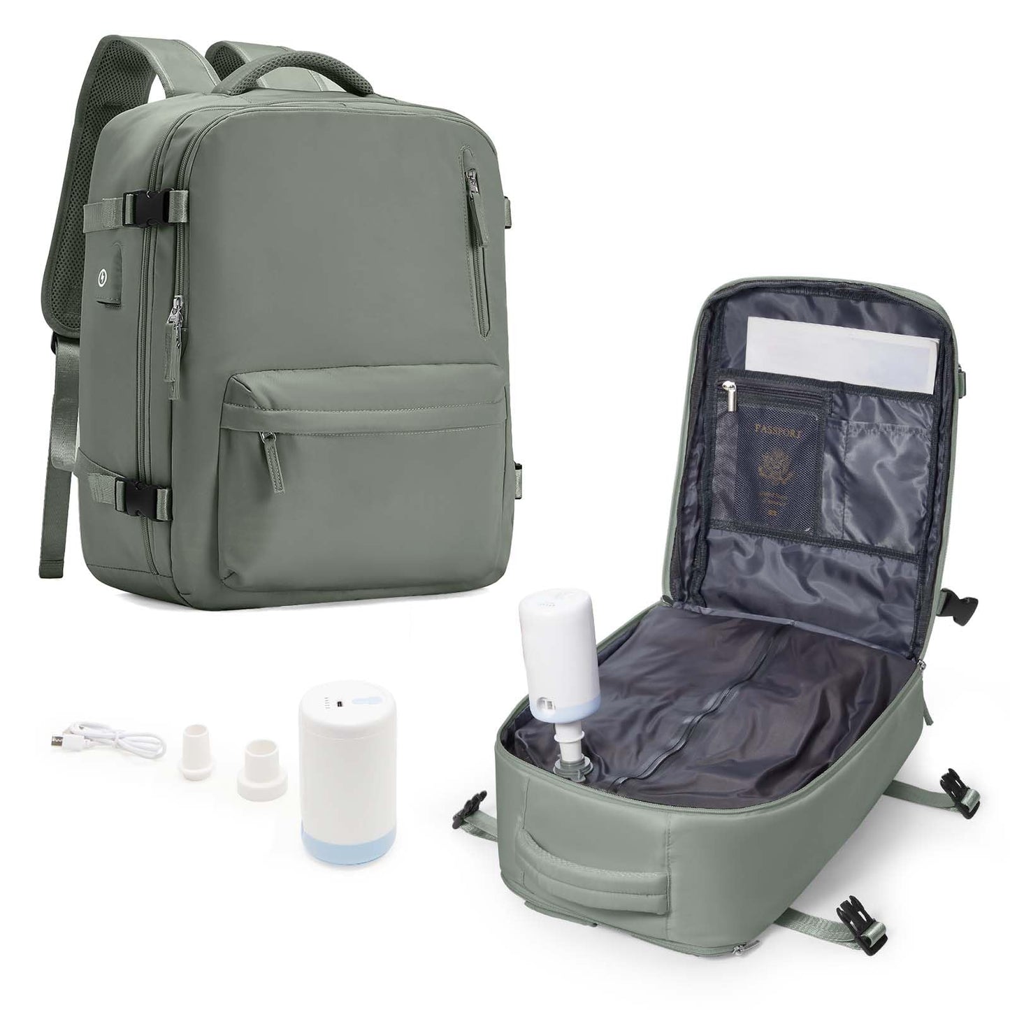Vacuum Storage Travel Backpack with Air Pump Carry on Flight Approved Compression Vacpack Waterproof with Vacuum System Airplane Travel Essentials Daypack Laptop Space Saver Bags Women Green