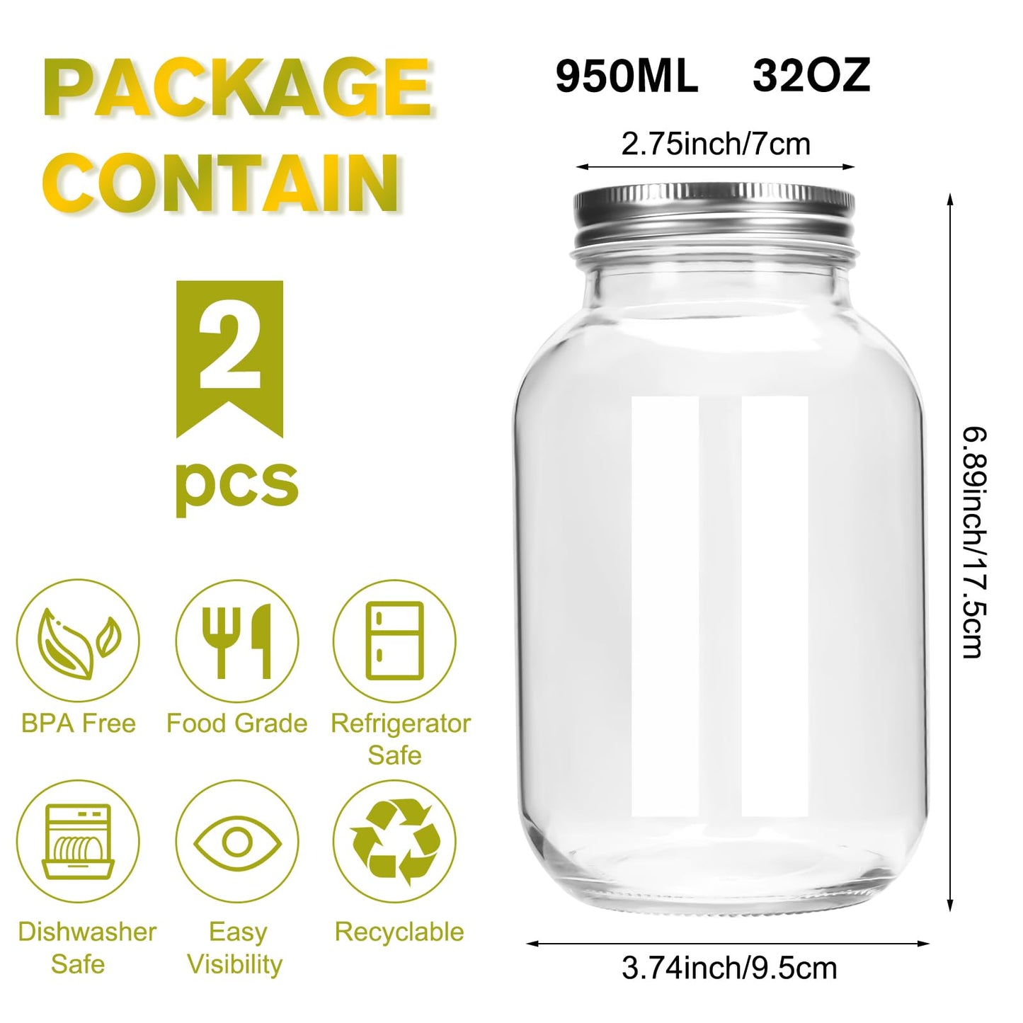 ODDMUCK Glass Mason Jars, 2 Pack 32oz Clear Glass Regular Mouth Canning Jars with Lids for Sealing, Ideal for Food Storage, Snacks, Candies, Jam, Honey, Wedding Favors, Shower Favors, DIY Projects