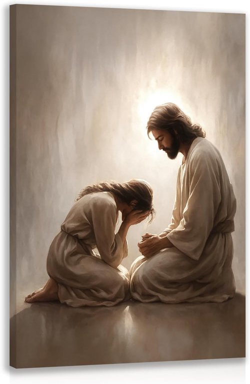 FASWQ Framed Jesus and Woman Wall Art - Christian Canvas Painting for Home Decor | 12x16 Inch