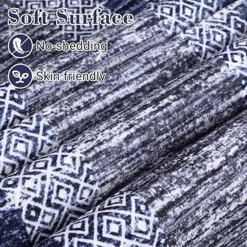 Blue 8x10 Washable Distressed Area Rug - Modern Geometric Floor Carpet