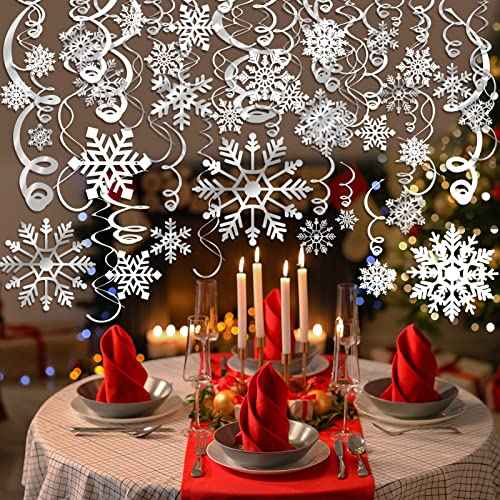 42CT Christmas Snowflake Hanging Swirl Decorations,Christmas Hanging Ceiling Streamers Snowflake Hanging Swirls and Strings Decoration, Winter Party Wonderland Xmas Holiday Decor Supplies