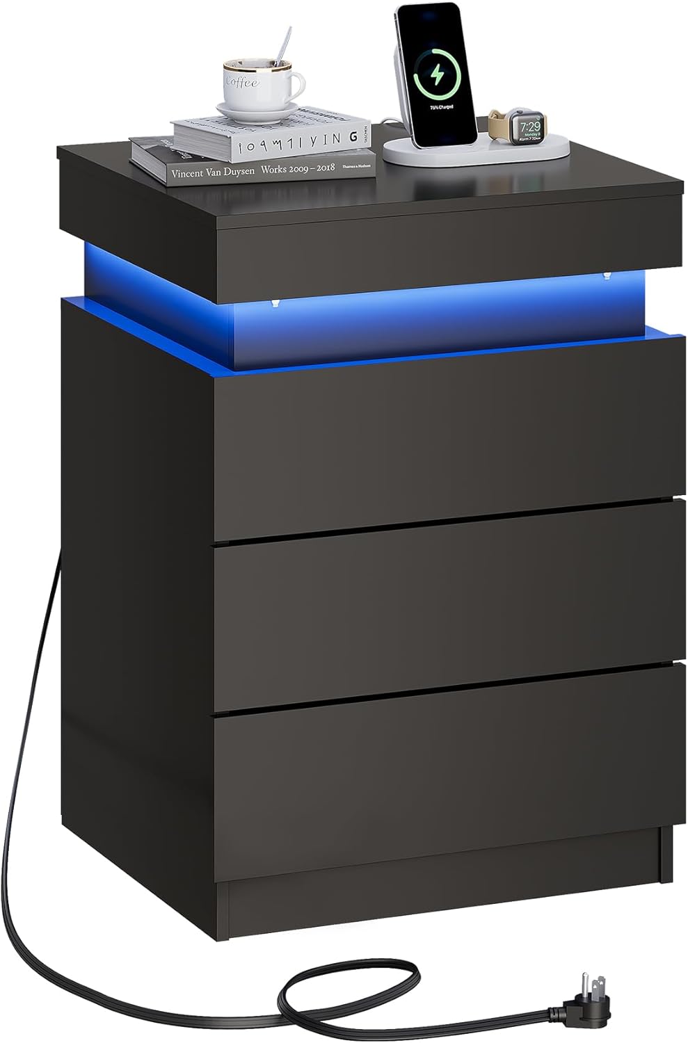 WLIVE Black Nightstand - Modern Bedside Table with Charging Station & LED Lights, 3 Drawers
