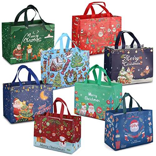 8PCS Christmas Gift Bags with Handles - Red, Green, Blue Non-Woven Tote Set