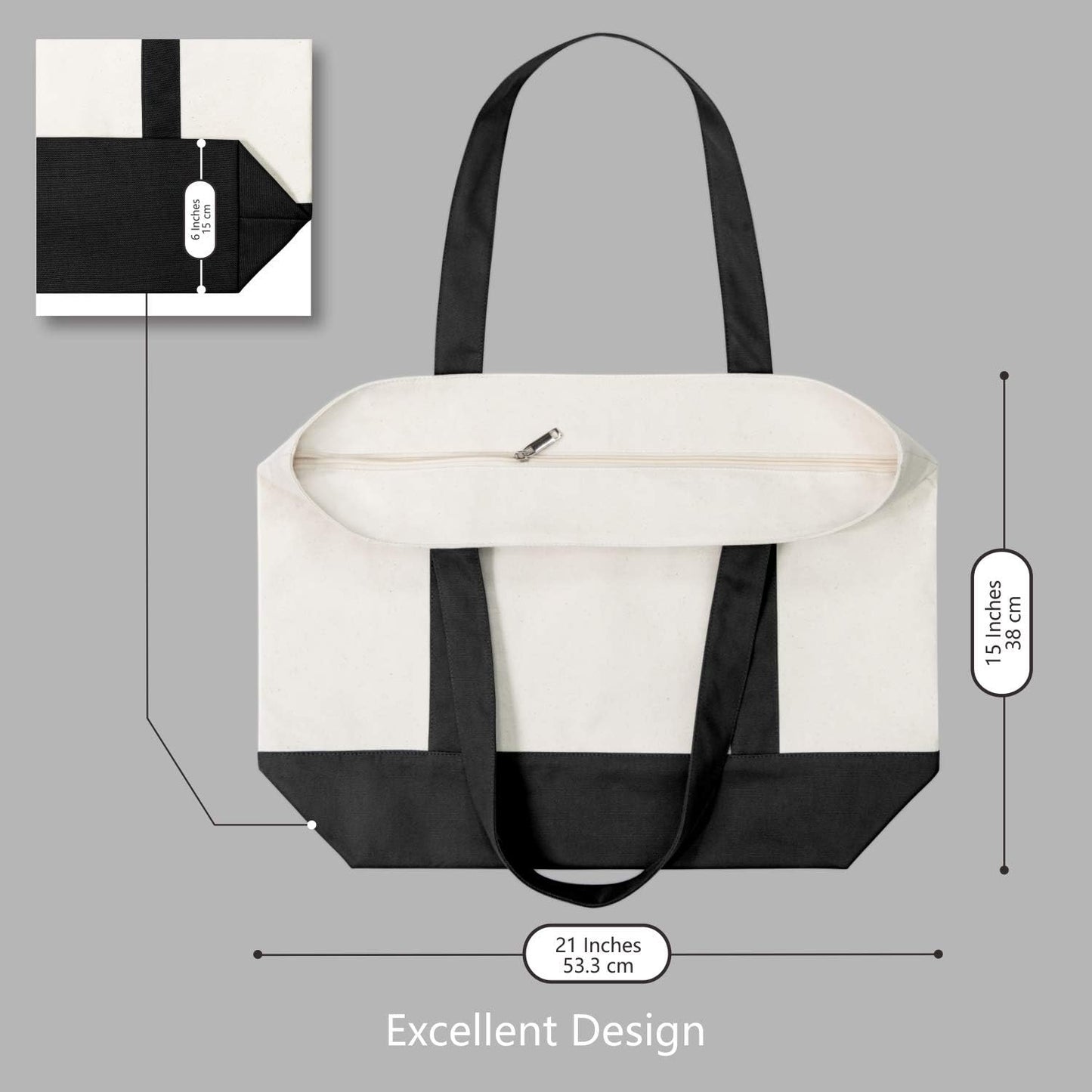 TOPDesign Canvas Tote Bag - Reusable Grocery Shopping Bag with External Pocket, Zipper Closure | Black/Natural, Pack of 1