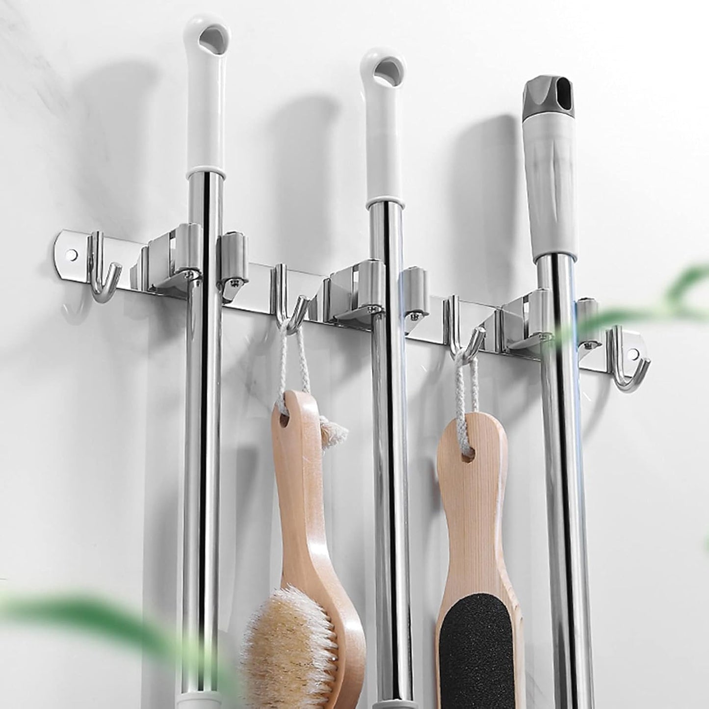 Stainless Steel Broom and Mop Holder | Wall Mounted Storage Rack with 2 Racks & 3 Hooks