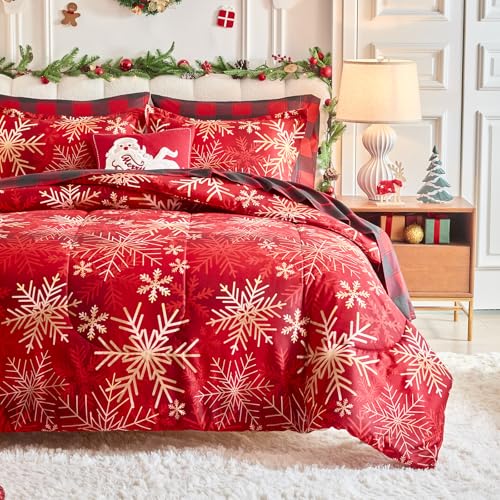 UOZZI Bedding Christmas Snowflake Queen Comforter Sheet Set 7 Pieces Reversible Holiday Bed in a Bag - Red & Gold