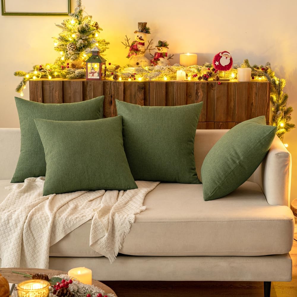 MIULEE Decorative Outdoor Throw Pillow Covers - Waterproof Faux Linen Cushion Cases | 24x24 Inch Dark Green (Pack of 2)