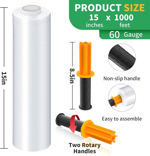 HERKKA Stretch Film - Industrial Strength Stretch Wrap with Handles - 15" x 1000 Feet, 3 Pack, 60 Gauge