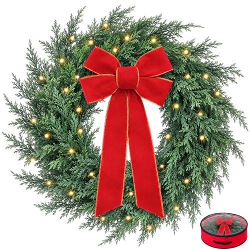 Presentastic 26 Inch Green Cedar Pine Christmas Wreath Pre-Lit with Red Velvet Bow