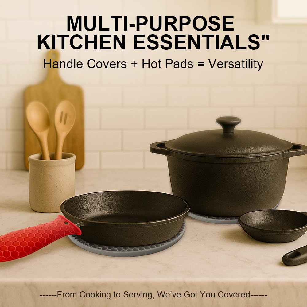 Silicone Handle Cover with Hot Pads for Kitchen - 2 Pack Heat Resistant Handle Covers for Cast Iron Skillets + 2 Multi-Purpose Hot Pads - Non-Slip, Heat-Resistant, with Hanging Holes (Red)