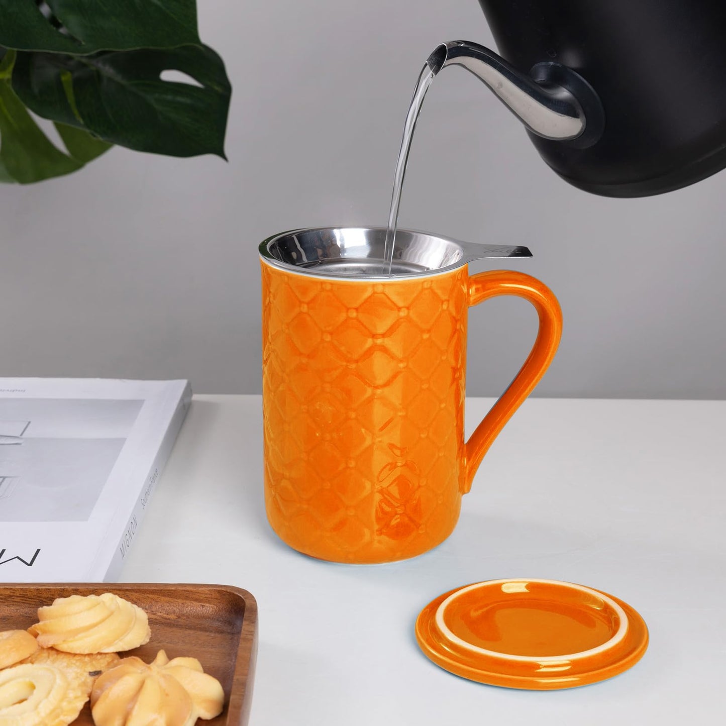 Yachi 19oz Ceramic Tea Mug with Infuser and Lid Loose Leaf Tea Steeper Microwave & Dishwasher Safe for Tea, Coffee, Milk, Home & Office (Orange Embossed Porcelain Tea Cup)