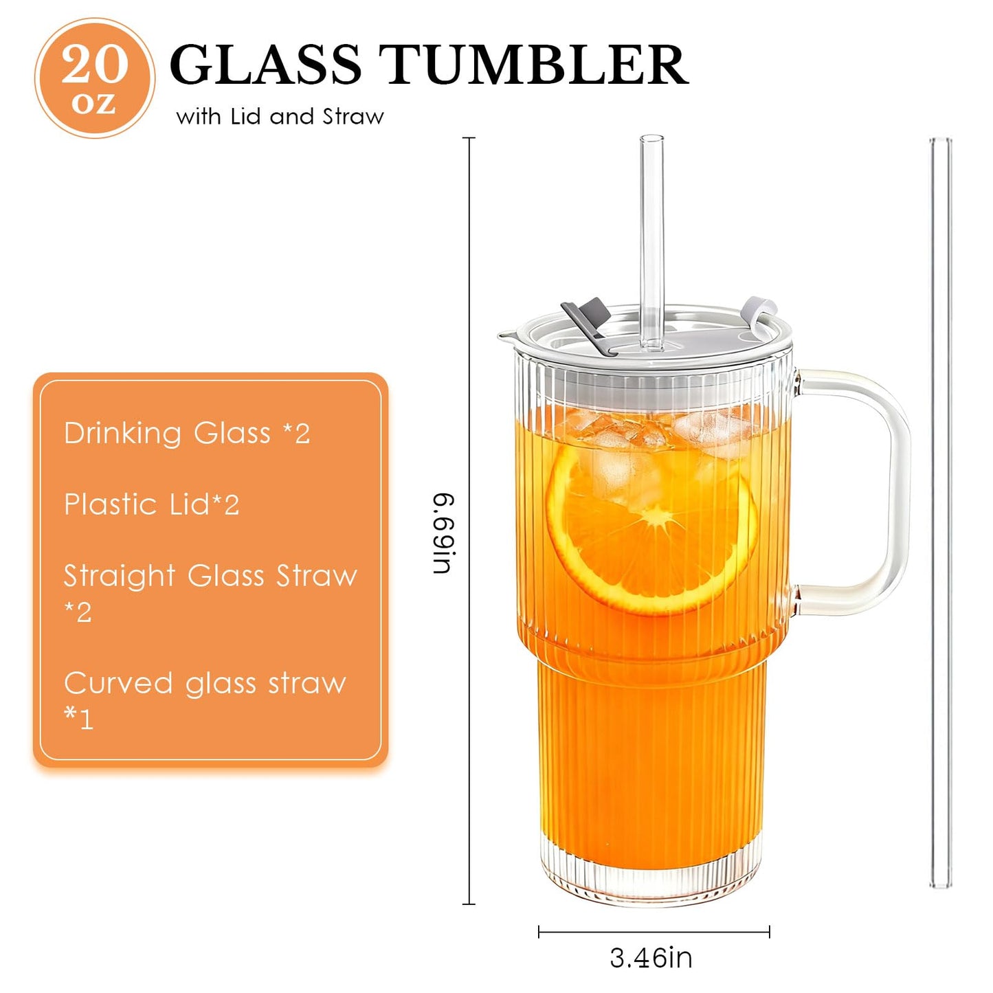 Snextek 18oz Glass Tumbler with Handle, Glass Lid & Straw, 2-Piece Set, Thickened Glass Cups for Iced Coffee, Smoothies, Cocktails, Home Office Travel (Ribbed)