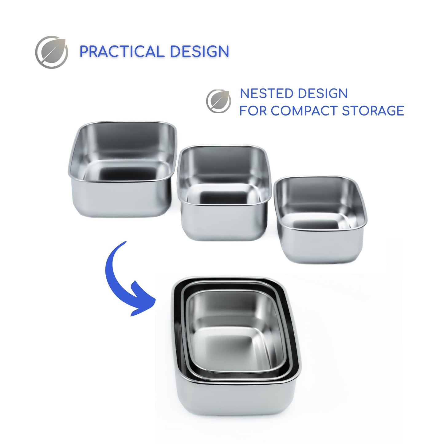 Sustainable Containables Stainless Steel Food Storage Containers with Clear Platinum Silicone Lids, Airtight, Leakproof 18/8 (304) Food Grade SS Nested 3Pk 20/30/40 oz Plastic-Free