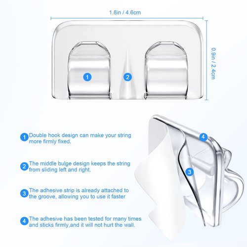 Hetyue Hooks for Outdoor String Lights Clips: 40Pcs Heavy Duty Light Hook with Waterproof Adhesive Strips - Outside Clear Cord Holders for Hanging Christmas Lighting - Outdoors Sticky Clip